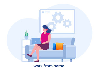 Working at home, coworking space, concept illustration. Young people, woman freelancers working on laptops and computers at home. People at home in quarantine. Vector flat style illustration