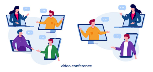 Online meeting concept. People on computer screen taking with colleague. Videoconferencing and online meeting workspace vector page