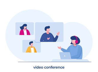 Online meeting concept. People on computer screen taking with colleague. Videoconferencing and online meeting workspace vector page
