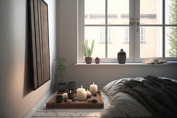 Zen inspired wooden old table top or shelf with candles and pebbles above a contemporary Scandinavian bedroom with bed, parquet, and a large window. Generative AI