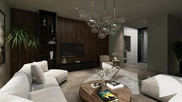 Interior design, modern living room, open space in a luxury modern house. 3D video.