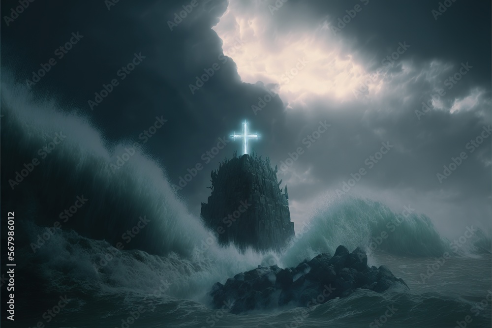 Poster a cross on a rock in the middle of a stormy sea with a lighthouse in the background and a large wave