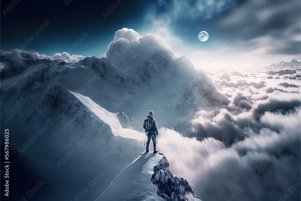 Aufkleber a man standing on top of a mountain with a sky background and clouds below him with a full moon in t