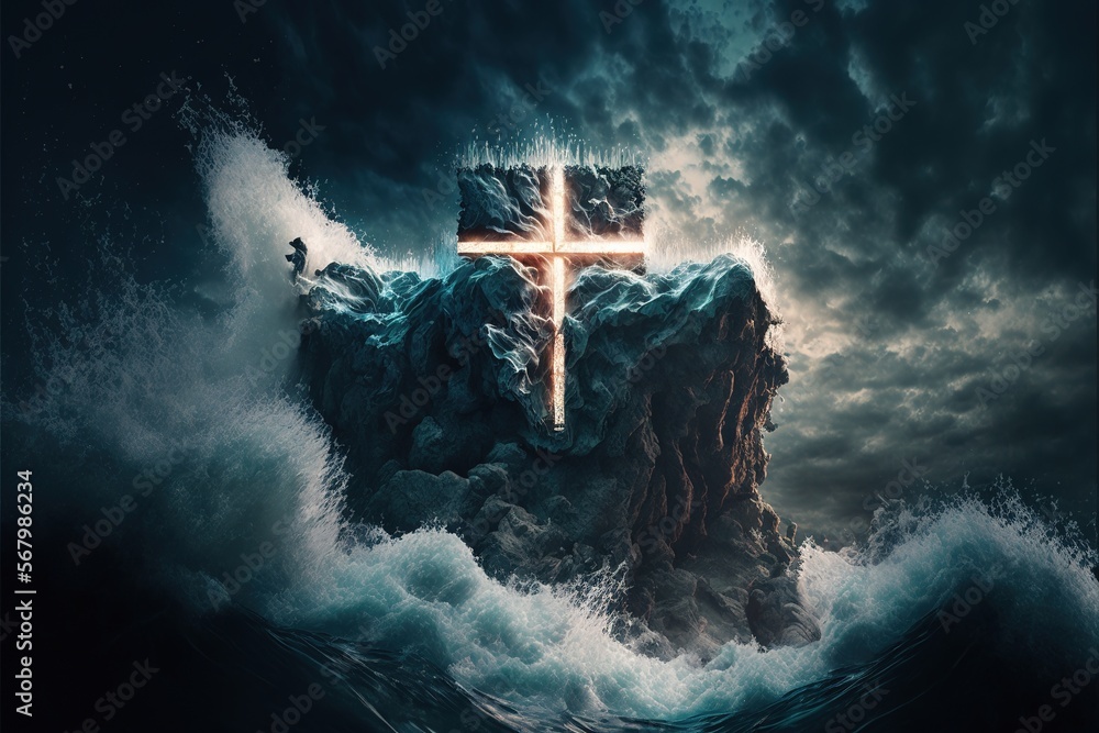 Aufkleber a cross on a mountain surrounded by waves in the ocean with a dark sky background and a large wave c