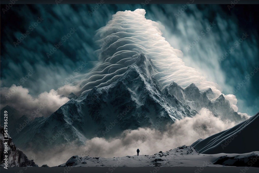 Poster a man standing on a snow covered mountain under a cloudy sky with a huge mountain in the background 