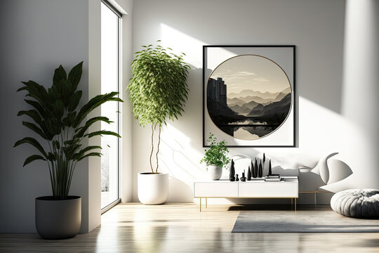 Interior design of a contemporary room with pictures and plants. Generative AI