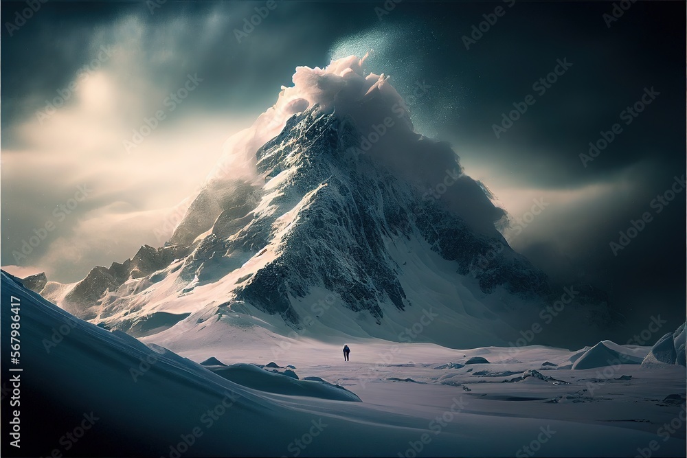 Aufkleber a mountain with a person standing in the snow below it and a dark sky above it with clouds and a sta