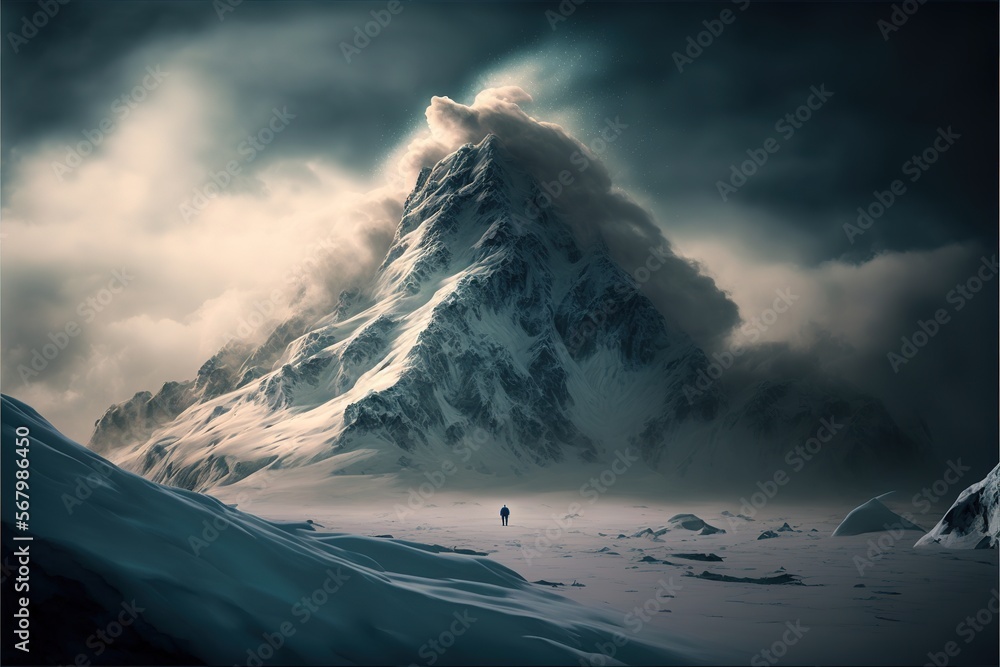 Poster a mountain with a person standing in the snow below it and a dark sky above it with clouds above it 