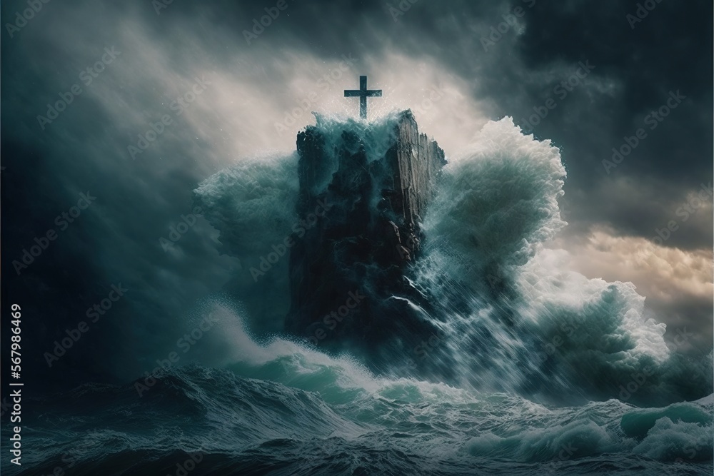 Aufkleber a cross on a rock in the middle of a large ocean with a huge wave crashing over it and a dark sky a 