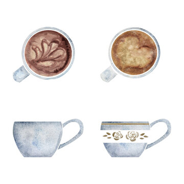 Watercolor hand drawn set of objects. Capuccino coffee cups, porcelain and gold, top and side view. Isolated on white background. For invitations, cafe, restaurant food menu, print, website, cards