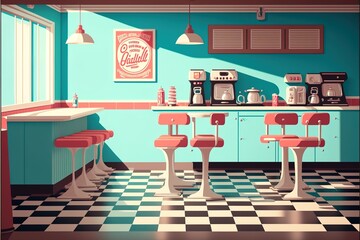Retro cafe, american diner interior with tables. AI