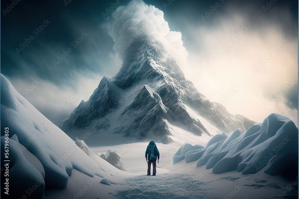 Poster a man standing in the snow in front of a mountain covered in snow and clouds with a sky background t