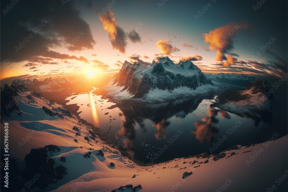 Poster a mountain with a lake in the middle of it and a sunset in the background with clouds and sun shinin