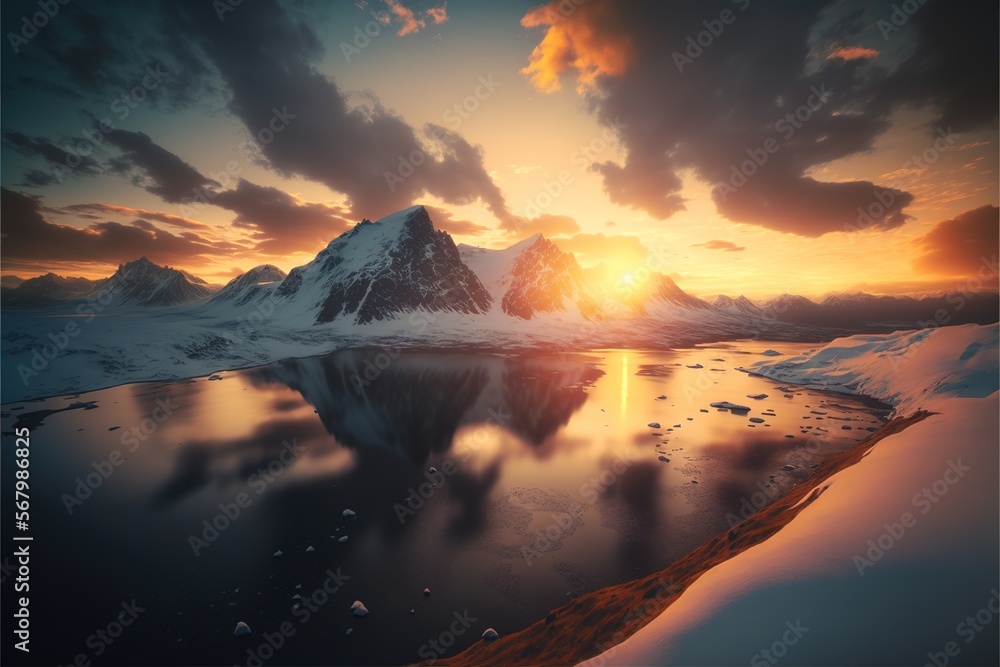 Poster a mountain with a lake in the middle of it and a sunset in the background with clouds and water in t