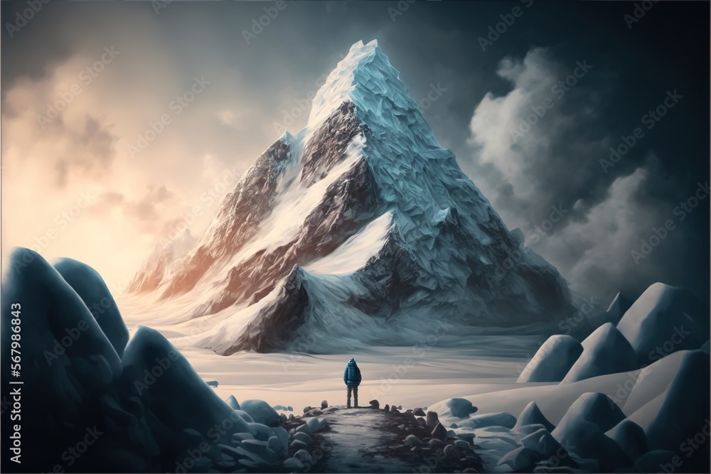 Poster a man standing on a path in front of a mountain covered in snow and ice with a sky background and cl