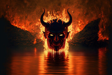 Imagine a conceptual hell where evil spirits are tortured in a lake of fire. Idea for a religious theme. Generative AI