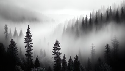 Forest landscape view from above, foggy forest, Monochromatic