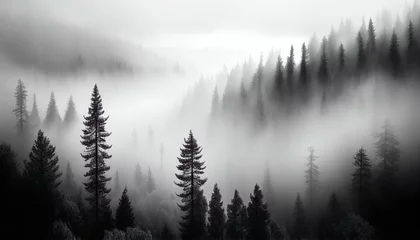 Photo sur Plexiglas Forêt dans le brouillard Forest landscape view from above, foggy forest, Monochromatic