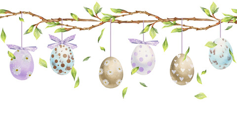 Watercolor hand drawn Easter celebration clipart. Seamless border with garland hanging eggs, bows, spring leaves. Isolated on white background. Invitations, gifts, greeting cards, print, textile © Elena