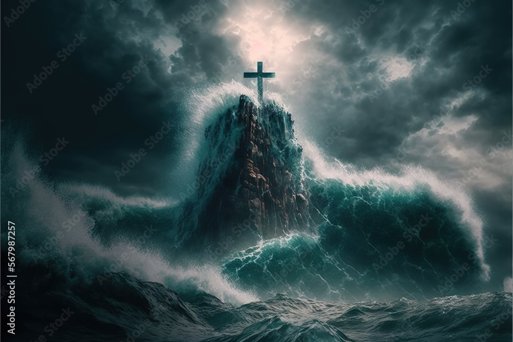 Aufkleber a cross on top of a mountain in the ocean with a storm in the background and a cross on top of the m