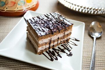 Chocolate mousse cake in two colors.