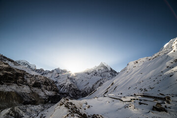 annapurna base camp view in the morning with rising sun.