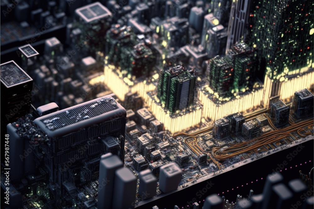 Poster a computer board with a lot of buildings and trees on it's side and a lot of wires running through i