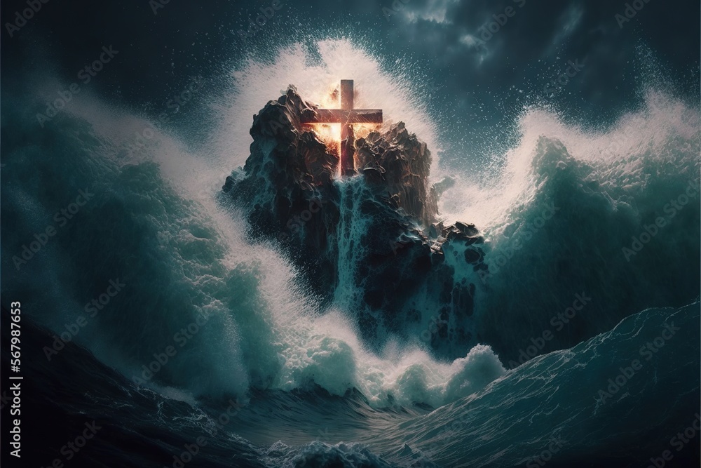 Poster a cross on a rock in the middle of a large body of water with a wave crashing around it and a dark s