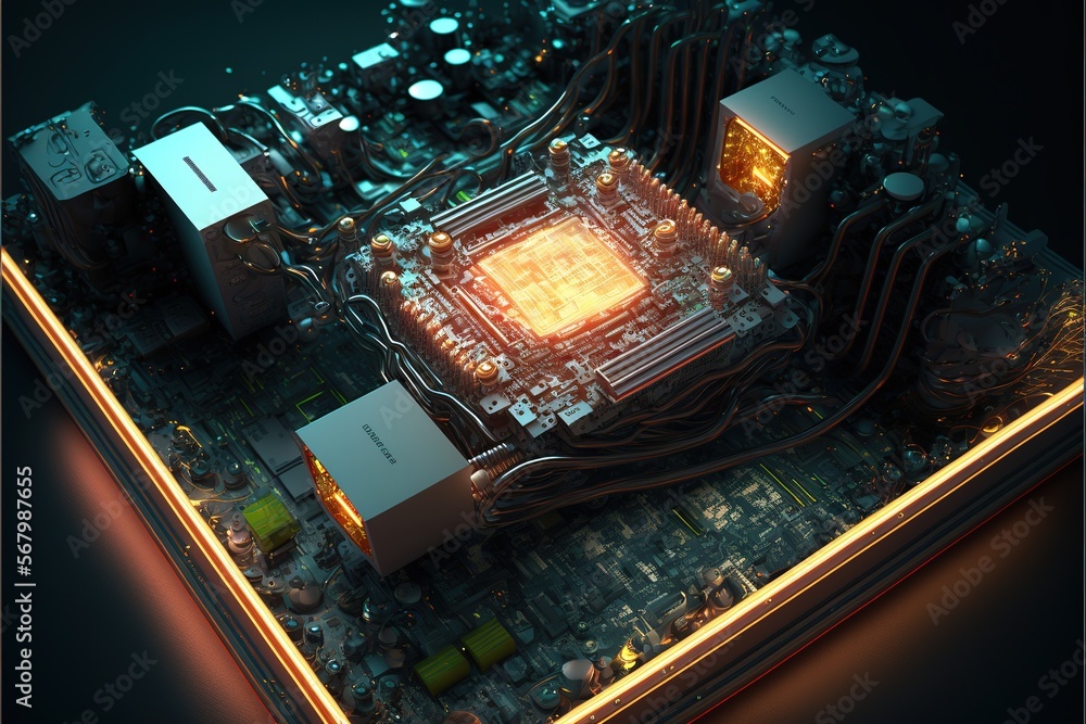 Poster a computer motherboard with a yellow light on it's side and wires running through it's sides a compu