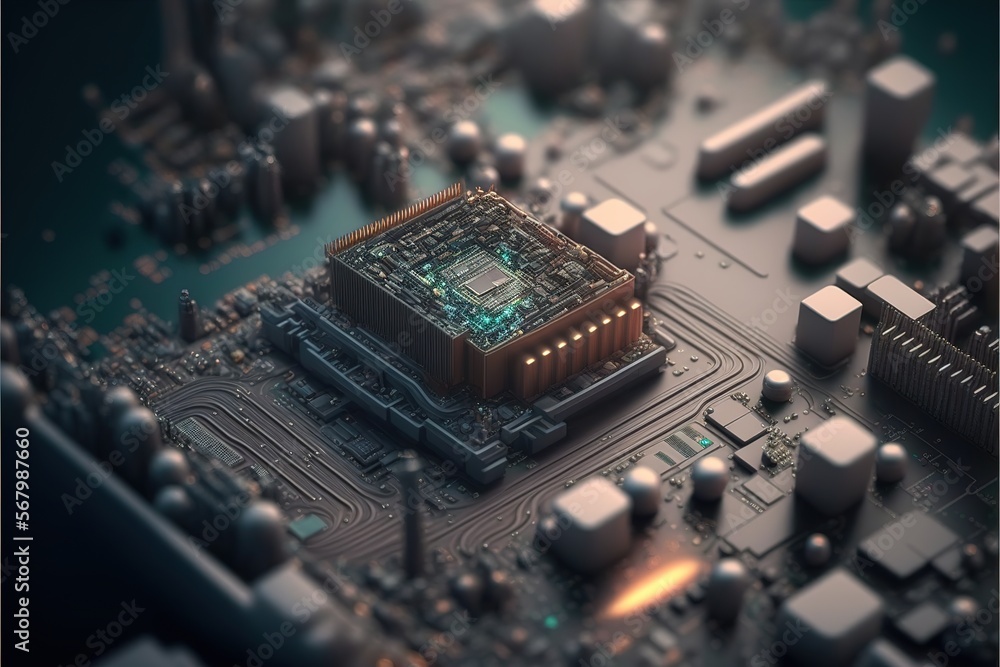 Poster a computer motherboard with a green processor on top of it and a city in the background with buildin