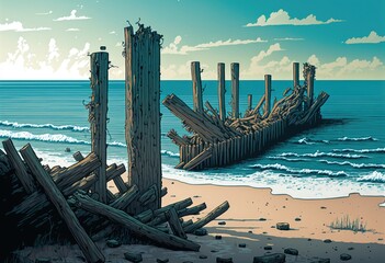 Old pier's shattered wooden piles in the Baltic Sea disappearing into the distance. Generative AI