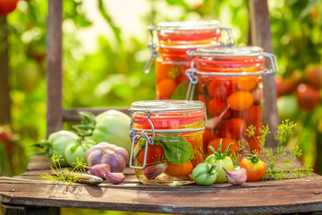 Homemade and natural pickled tomatoes with vegetables from greenhouse.