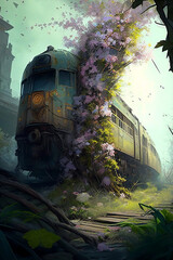 An abandoned train with a beautiful flower tree.