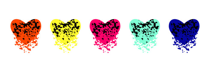 A broken heart in different colors on a white background. Set of icons.