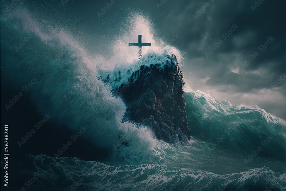 Poster a cross on top of a rock in the ocean with a wave crashing around it and a cross on top of it a matt