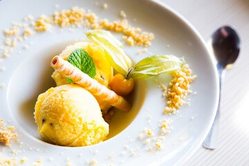 Artisanal organic fruit ice cream with mango and peach.