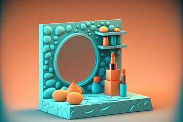 The platform has a stage, a stone showcase, and a plain background with an orange blue color. Cosmetics presentation. Generative AI