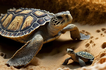 Sea turtle, Caretta caretta, gives birth to a cute baby on a sand beach in Bahia, Brazil. Small Hawksbill and Loggerhead turtle hatchlings are released into the ocean by Ocean Live. a newborn wild tor