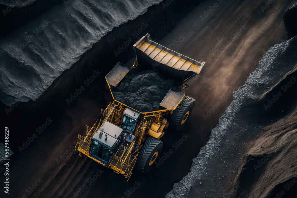 Aufkleber aerial panorama of a coal mine. big yellow mining truck for a coal quarry in an open pit mine. anthr