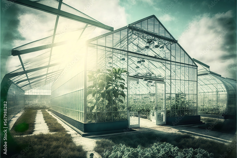 Poster a greenhouse with a lot of plants inside of it and a sky background with clouds above it and a sunbe