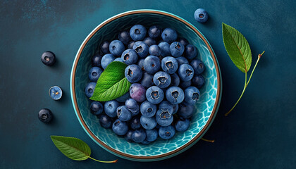 Bowl with fresh blueberry on blue table top view