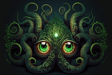 An ancient sea octopus creature with blazing green eyes and many tentacles on its snout. 2D illustration in the digital drawing fashion. Generative AI