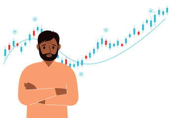 A man on the background of a Forex chart. Conceptual illustration on the topic of strategic planning in trading on the stock exchange.