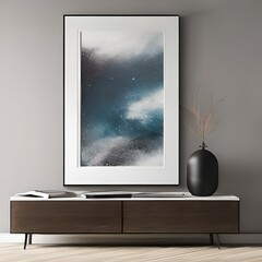 Fototapeta premium Mockup dark brown wooden design table with elements on it, a large painting on top