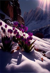 Purple tulips in the snow behind the mountain sunbeam. AI generated art illustration.