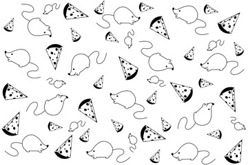 Seamless pattern with slices of cheese and mouse on white background. Endless backdrop with outline cheese and rodent with editable stroke. Wallpaper and bed linen print. Marketing material.