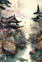 Japanese landscape in watercolor with a fairy garden feel and a muted color palette. AI generated art illustration.	
