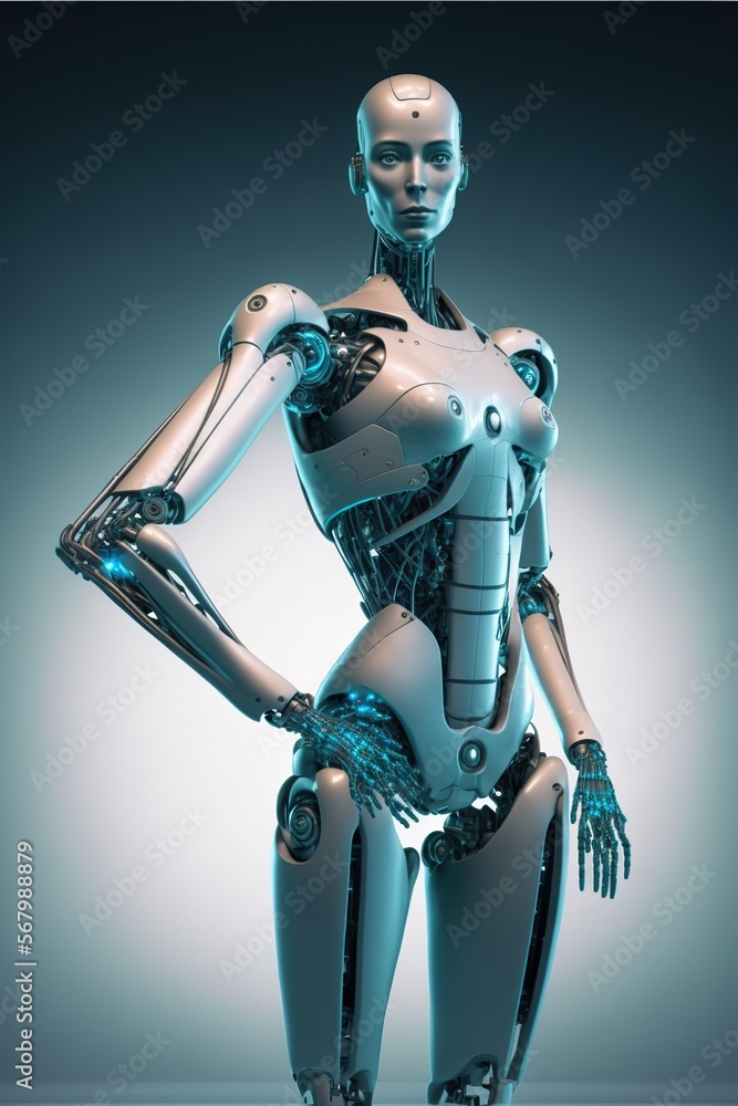 Aufkleber a robot woman is standing in a pose with her hands on her hips and her arms on her hips with a blue 