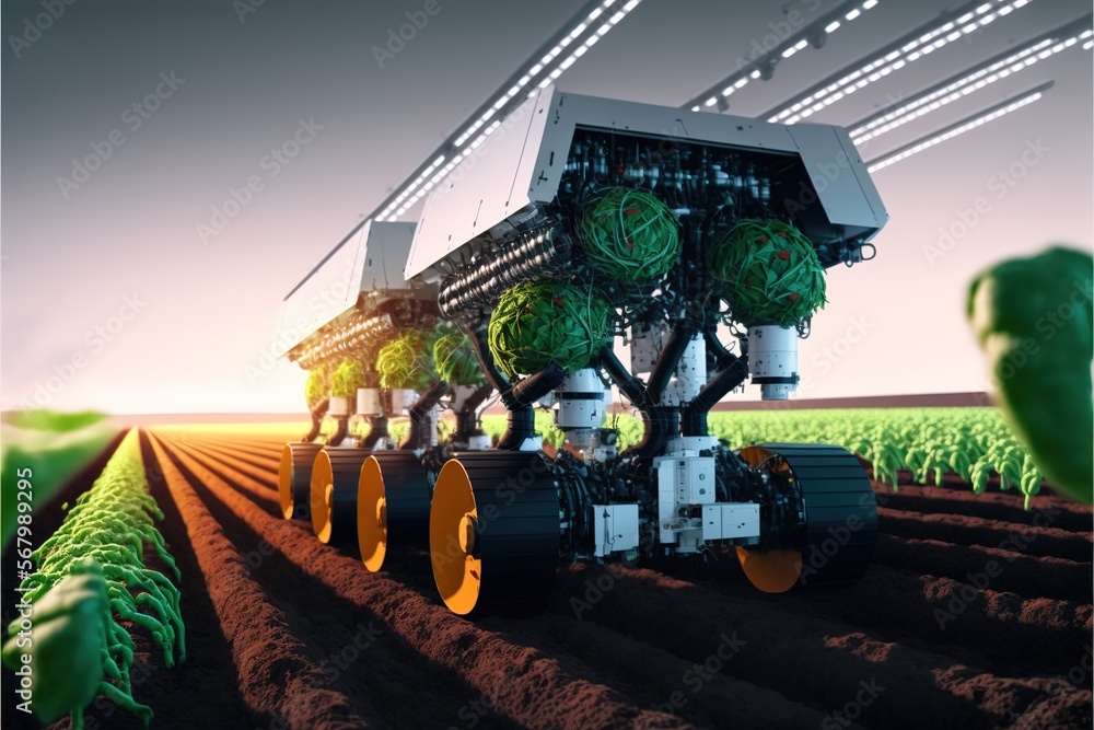 Poster a computer generated image of a farm machine in a field of crops with the sun shining on the horizon