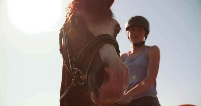 Low angle shot of a smiling teen girl wearing a riding helmet sitting on her horse